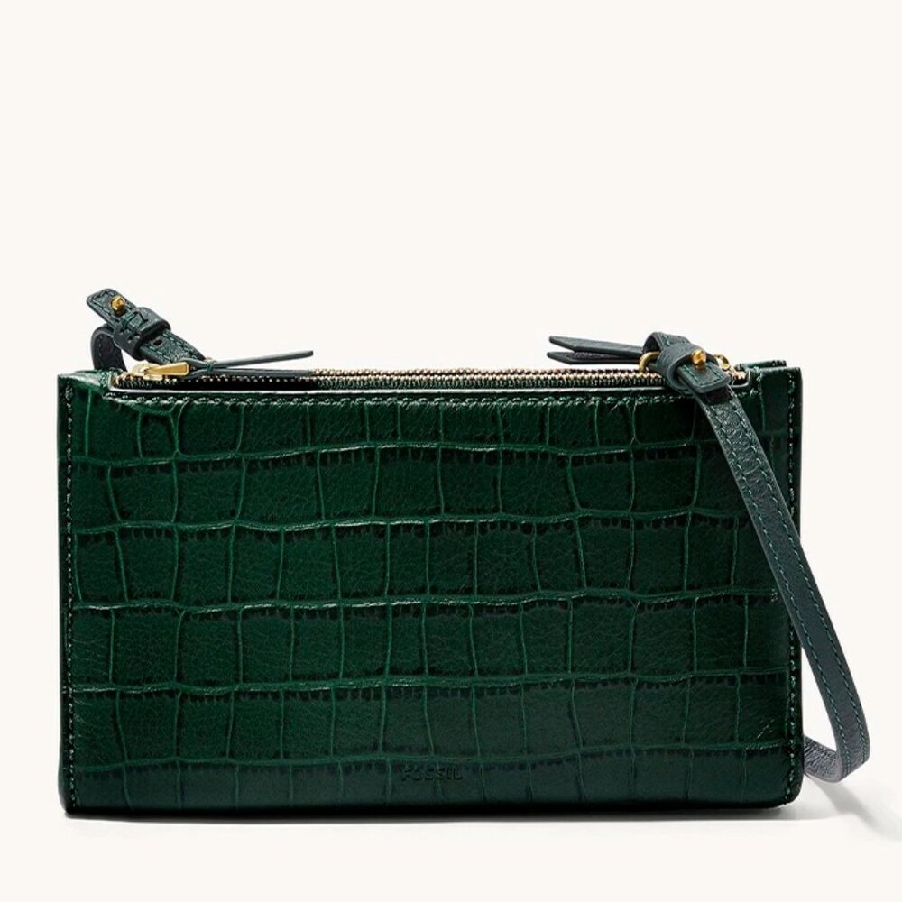 S Fossil Sage Green Leather Suede Crossbody Double-Zip SLG1322366 NWT Alligator - Picture 8 of 13